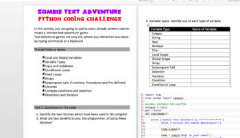 Preview of Python Programming Coding: Zombie Survival Text Adventure Game