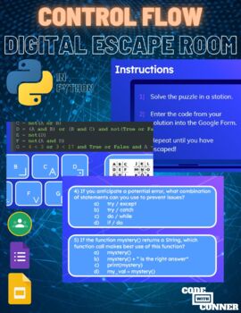 Preview of Python Digital Escape Room - Control Flow (If/Else, Booleans, Functions, Loops)