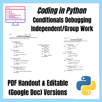 Preview of Coding in Python | Conditionals DEBUGGING Practice Problems | EDITABLE