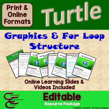 Preview of Python Turtle Graphics and For Loop Worksheets with Videos