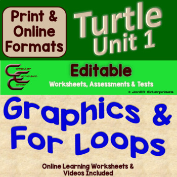 Preview of Python Turtle Unit 1 Graphics and For Loops with Videos Editable Unit