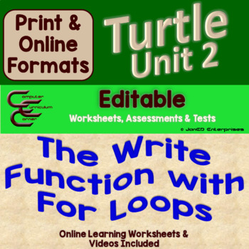 Preview of Python Turtle Unit 2 Write and For Loops with Videos Editable Unit