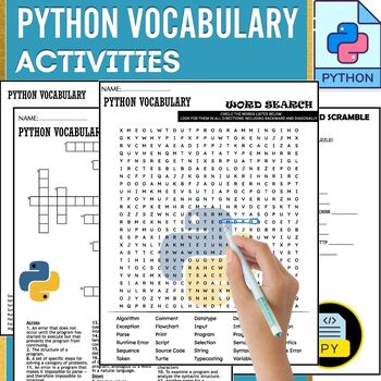 Preview of Python Vocabulary ACTIVITIES,Word Scramble,Crossword & Wordsearch