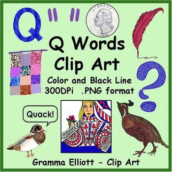 Preview of Q Words Realistic Clip Art Color and Black Line