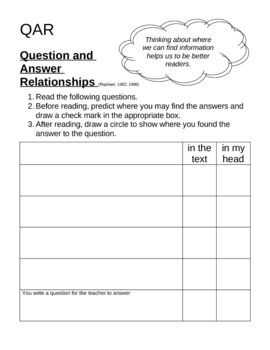 Preview of QAR - Question Answer Relationships - template and organizer