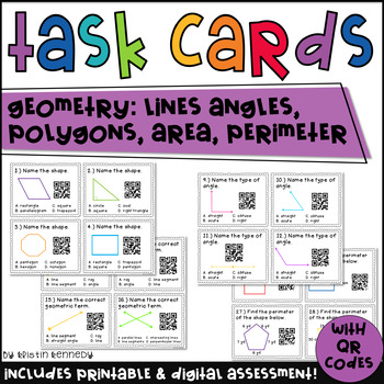 Preview of Geometry QR Code Task Cards: Lines, Angles, Polygons, Area, Perimeter