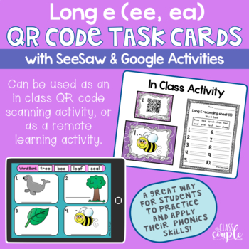 Preview of Long E ee ea QR Code Task Cards with Distance Learning Option (SeeSaw/Google)