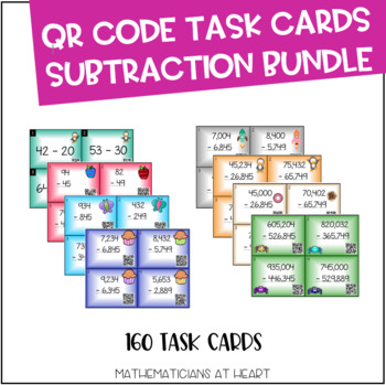 Preview of QR Code Task Cards: Subtraction with Whole Numbers Bundle