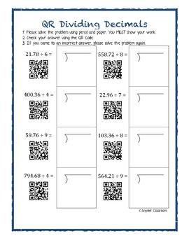 qr code dividing decimals with long division worksheets by