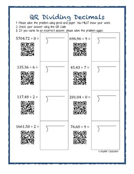 qr code dividing decimals with long division worksheets by snyder classroom