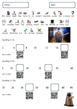 Preview of QR code maths Dr Who themed. Skip counting. Widget symbols.