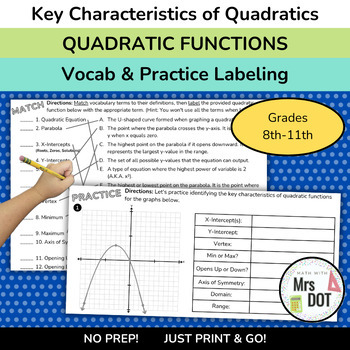 Preview of QUADRATIC FUNCTIONS: Vocab & Practice | Key Characteristics of Quadratics