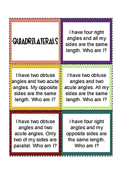 quadrilaterals cards and riddles math centers games and review