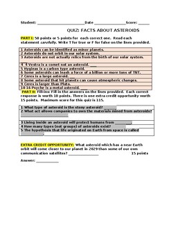 Preview of QUIZ: FACTS ABOUT ASTEROIDS  W/ FREE SCIENCE WRITING RESEARCH PROMPT