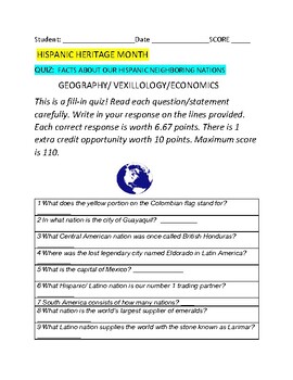 Preview of QUIZ/ HISPANIC HERITAGE MONTH: INTERESTING FACTS! GEOGRAPHY GRS 7-12