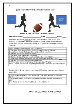 Preview of QUIZ: SUPER BOWL LVIII: FOR TEACHERS, STUDENTS & PARENTS! GRS. 6-12, COLLEGE