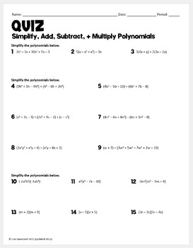Preview of Simplifying, Adding, Subtracting, and Multiplying Polynomials Quiz