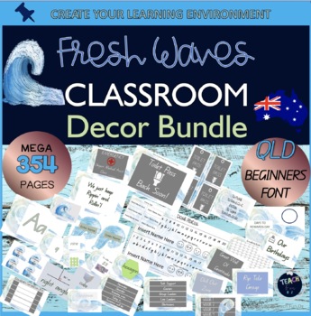 Preview of Qld Font Fresh Waves Theme Classroom Decor Bundle 354 Pages Labels Posters Tags