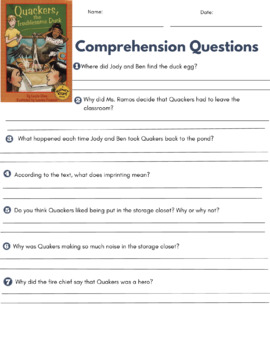 Preview of Quackers the Troublesome Duck Comprehension Worksheet