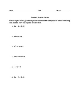 Preview of Quadratic Equation Worksheet