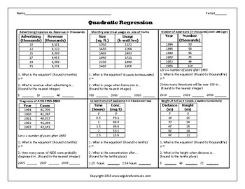 Preview of Quadratic Equations - Quadratic Regression Practice Worksheet 1