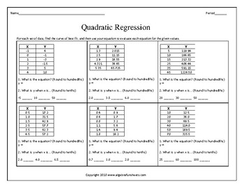 Preview of Quadratic Equations - Quadratic Regression Worksheet 2