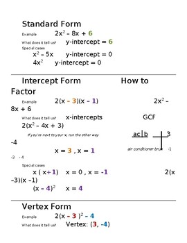 Preview of Quadratic Equations: Standard, Intercept, Vertex Forms