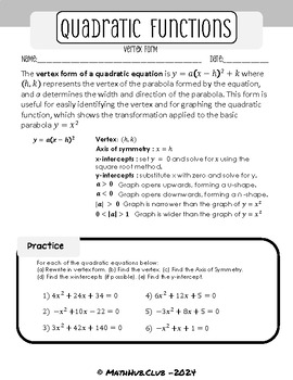 Preview of Intermediate Algebra Standard to Vertex Form + Key Elements Worksheet 1