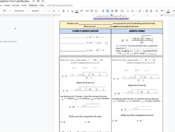 Preview of Quadratic Formula to solve for X Intercepts fillable notes and practice w/ KEY