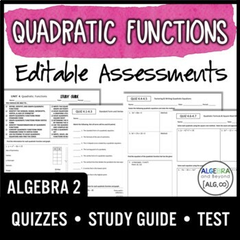 Preview of Quadratic Function Assessments | Quizzes | Study Guide | Test