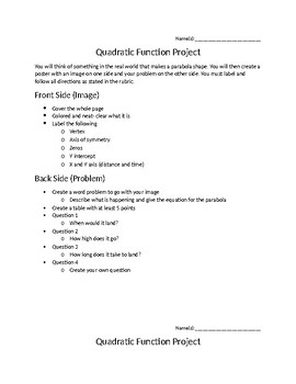 Preview of Quadratic Function Project