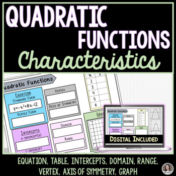 Preview of Quadratic Functions All Characteristics Review, Print and Digital Google Slides™