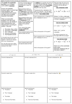 Preview of Quadratic Functions Graphic Organizer: Key Characteristics & Practice