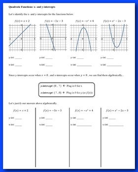 Preview of Quadratic Functions: Finding Intercepts (Guided Notes & Assessment)