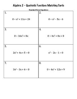 Quadratic Functions Matching Activity by Rena Rankin | TpT