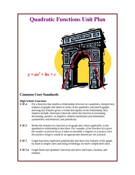 Preview of Quadratic Functions Unit Plan (aligned with Common Core)