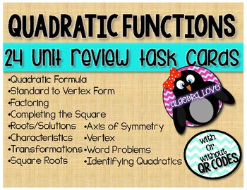 Preview of Algebra 1 Quadratic Functions Unit Review Task Cards With or without QR Codes!