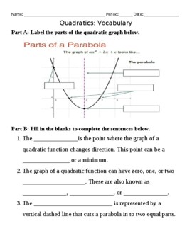 Preview of Quadratic Functions Vocabulary - Assessment