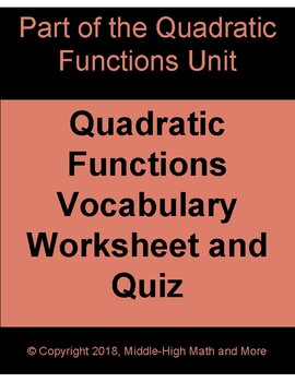 Preview of Quadratic Functions Vocabulary Worksheet and Quiz - Printable and DIGITAL