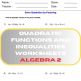 Quadratic Functions and Inequalities Worksheets Algebra 2