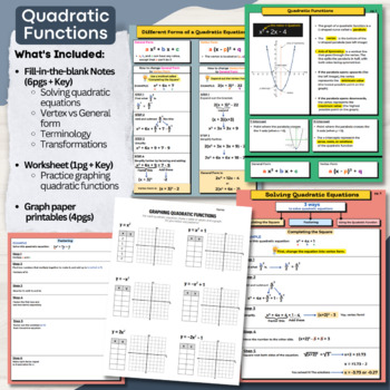 Preview of Quadratic NOTES and WORKSHEET: Solving equations, graphing, quadratic formula