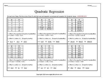 Quadratic Regression Worksheet 2 by Algebra Funsheets | TpT