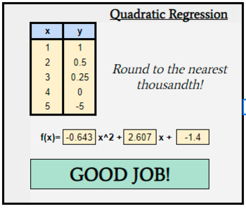 Preview of Quadratic Regression Equation Answer Checker