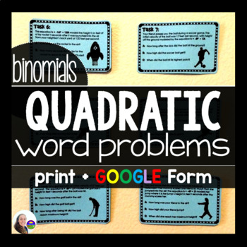 Preview of Quadratic Word Problems Task Cards Activity {BINOMIALS ONLY}