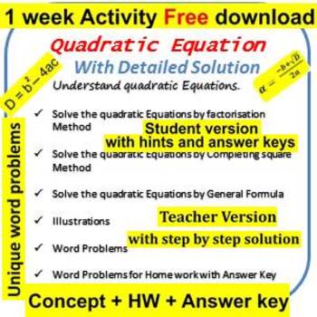 Preview of Quadratic equation with word Problems Teachers version with Detailed Solution