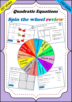Preview of Quadratic equations and the parabola review - Spin the wheel game.