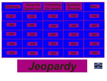 Preview of Quadratic jeopardy Review Promethean Flipchart