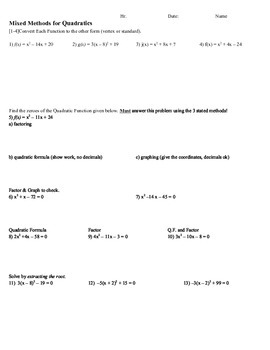 Preview of Quadratics All Methods (Factoring, Completing the Square, Quadratic Formula