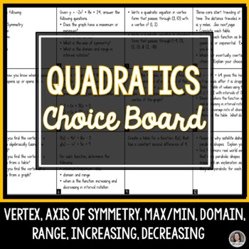 Preview of Quadratics Choice Board Review Activity Project