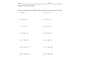Preview of Quadratics: Factoring with Answer Key
